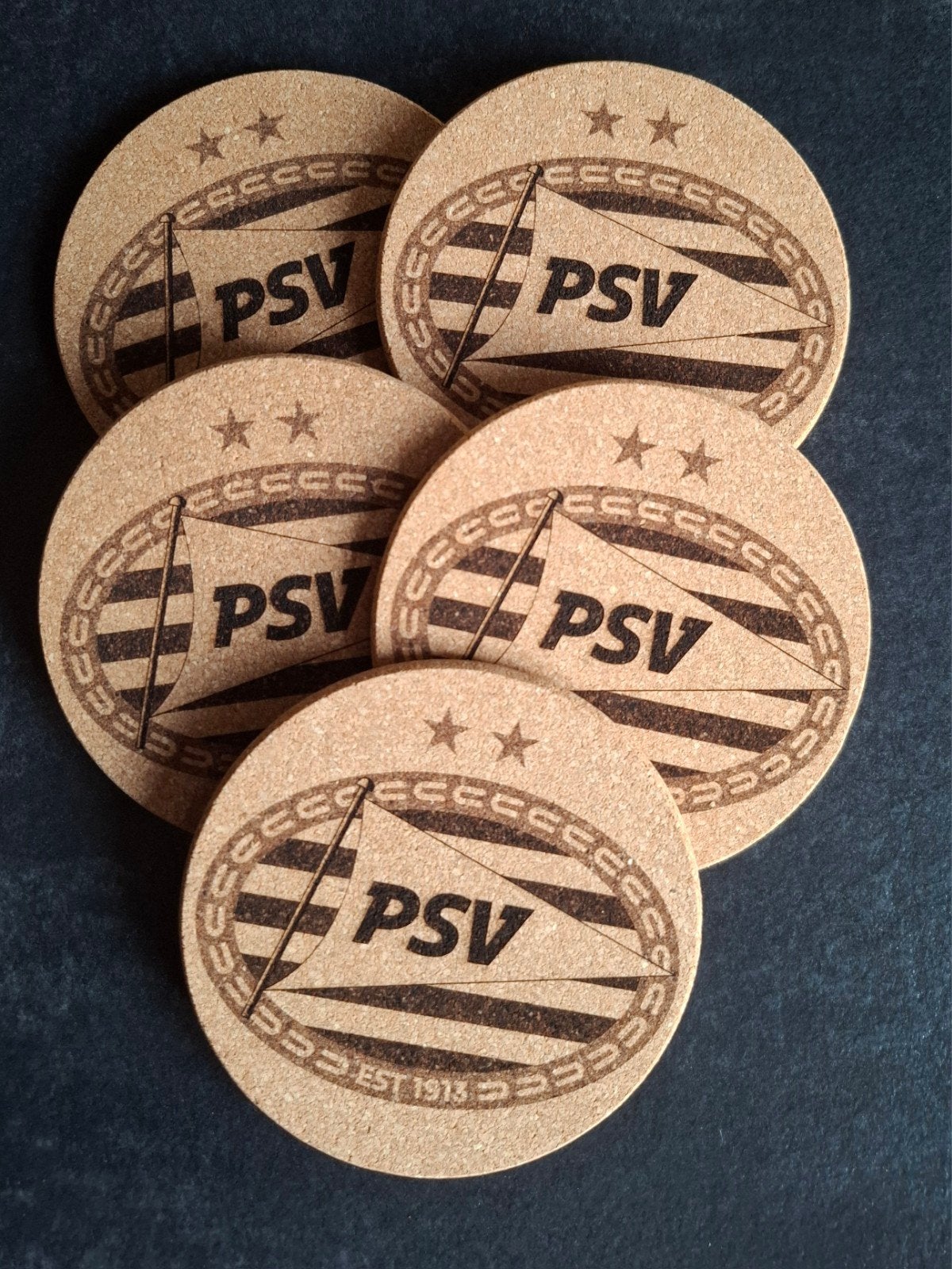 5x kurken onderzetters PSV, Kurk, Nieuw, Hittebestendig, Bruin