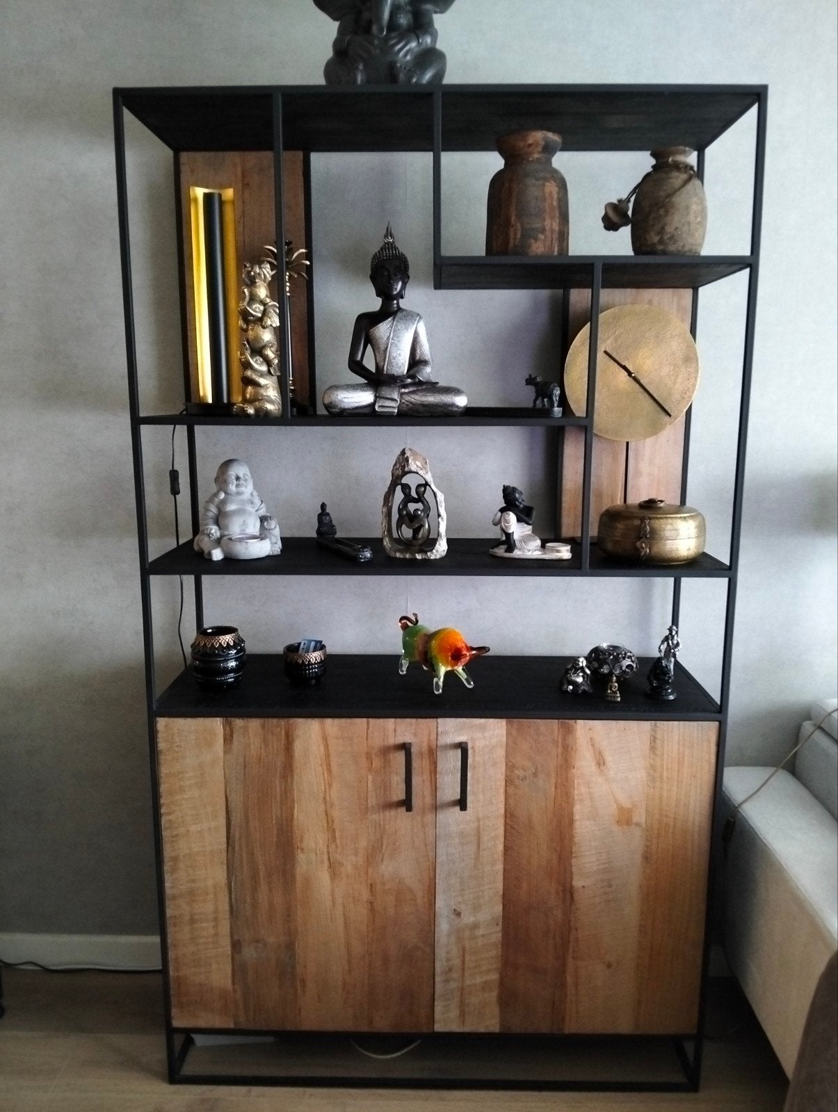 Industriële boekenkast met mangohouten dressoir, Ophalen, Zo goed als nieuw