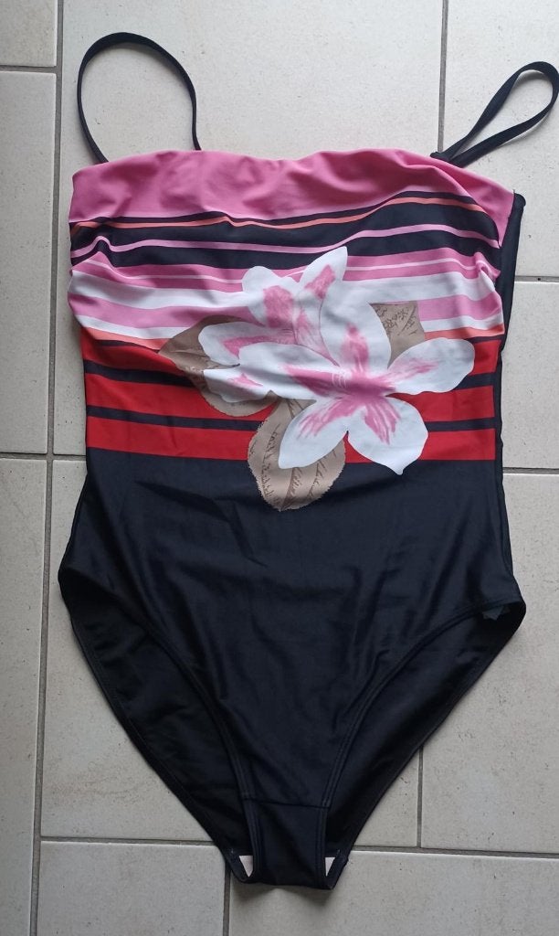 Dames - Zwart badpak met bloemenprint en strepen, Overige kleuren, Badpak, Ophalen of Verzenden, Zo goed als nieuw