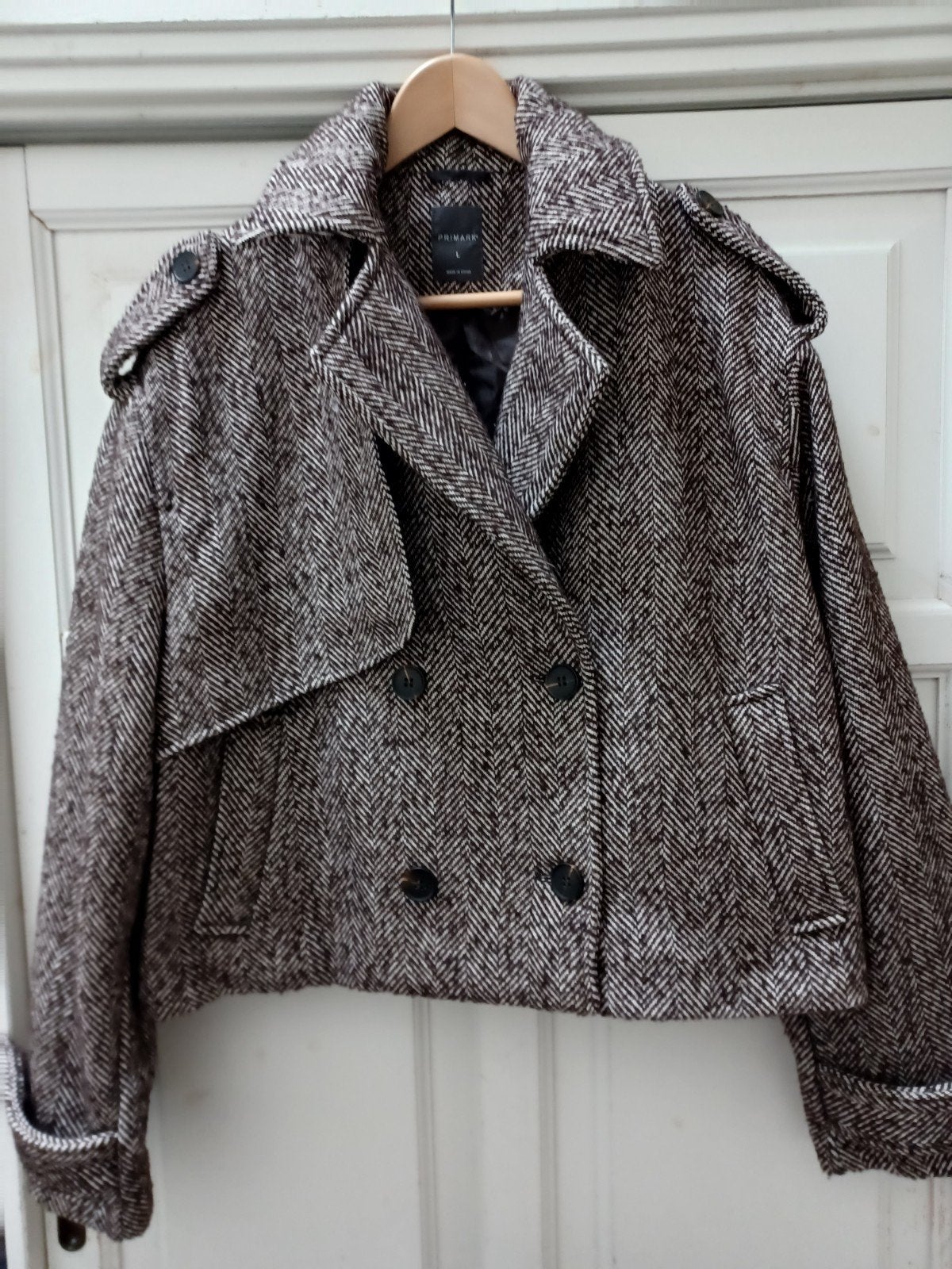 Korte jas met visgraatpatroon - Maat L, Kleding | Dames, Jassen | Winter, Bruin, Primark, Maat 42/44 (L), Ophalen of Verzenden