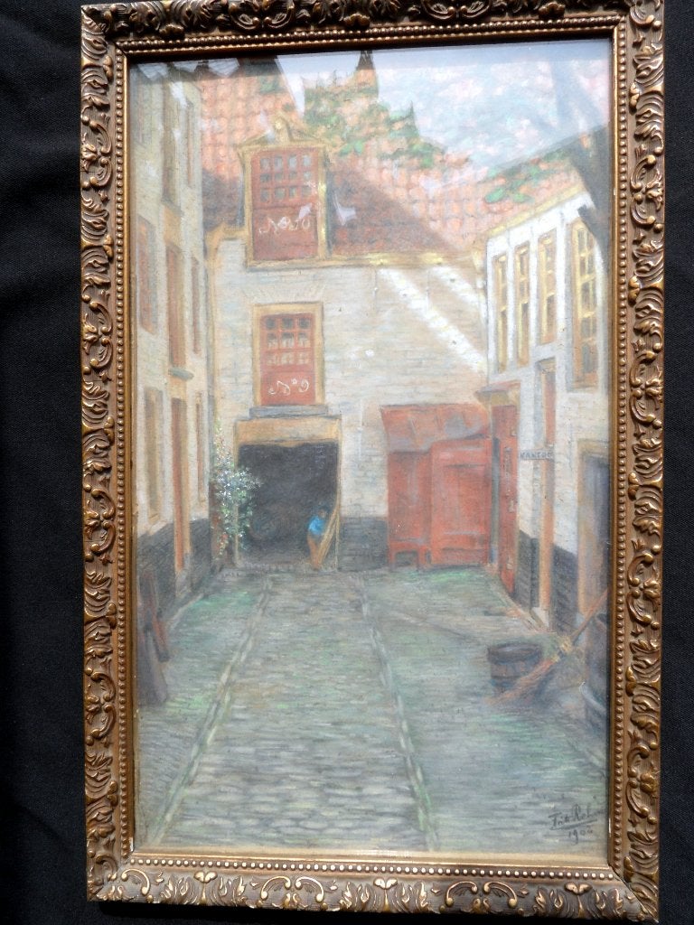 Oud-Rotterdam 1903, pastel Frits Rehm 1871-1928, Antiek en Kunst, Realistisch, Ophalen of Verzenden, Papier, Stads- / dorpsgezicht