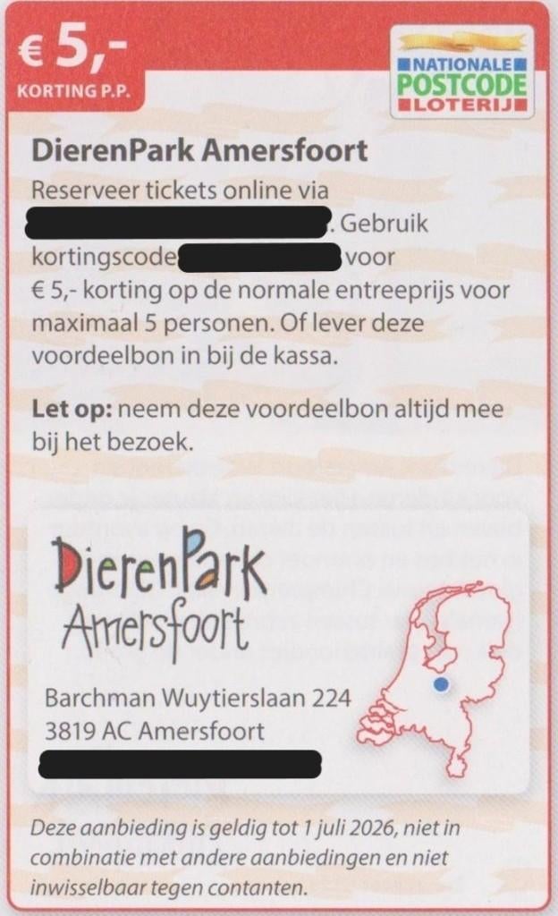 DierenPark Amersfoort. €5,- korting pp. Postcode voordeelbon, Tickets en Kaartjes, Drie personen of meer, Kortingskaart