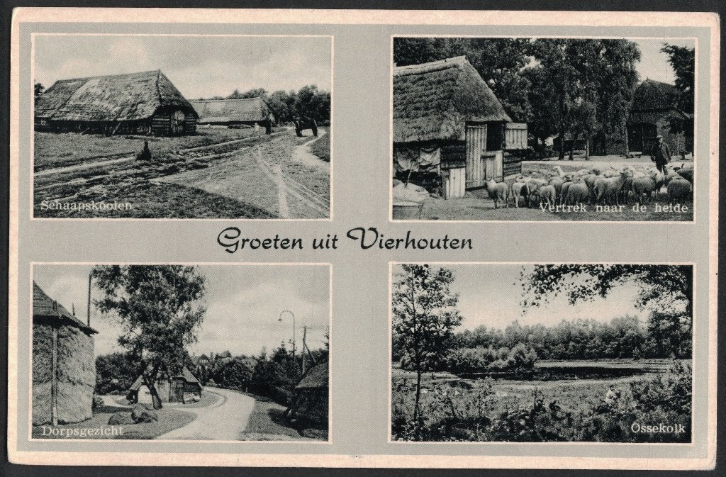 Vierhouten, Groeten uit, 4-luik, o.a schaapskooien., Ophalen of Verzenden, 1940 tot 1960, Ongelopen, Gelderland