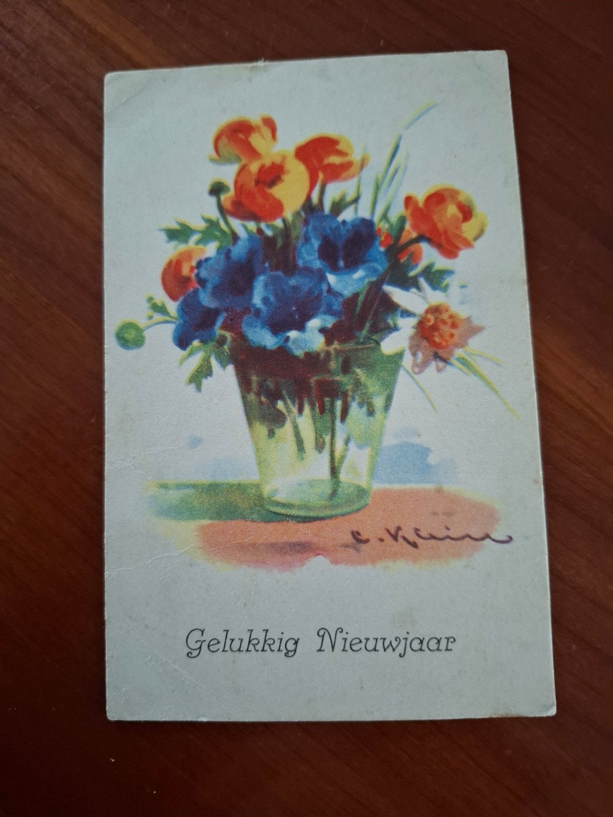 Ansichtkaart Catharina Klein - Bloemen op glazen vaas 1942, Verzamelen, Ophalen of Verzenden, 1940 tot 1960, Gelopen, Feest(dag)