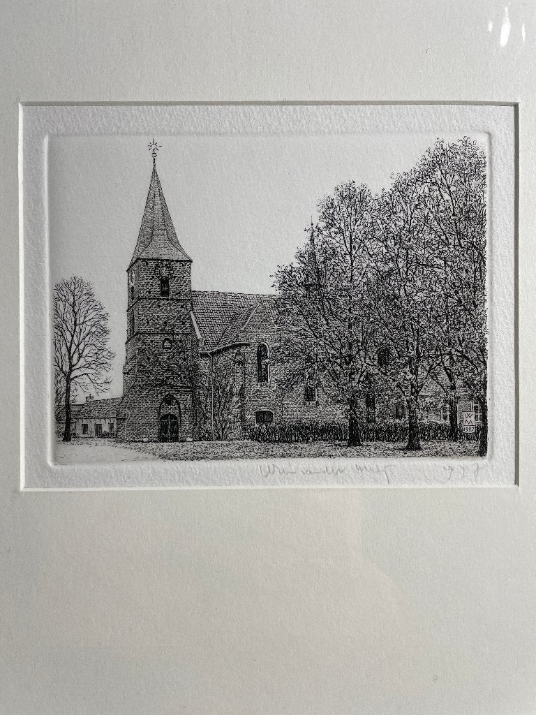 Zich op kerk - ets van Wim van der Meij, Antiek en Kunst, Stadsgezicht, Gesigneerd, Ophalen of Verzenden, 12 cm