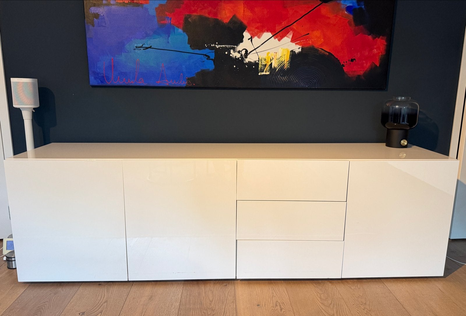 Hoogglans wit dressoir van Eijerkamp - 220 cm breed, Ophalen, Gebruikt, 200 cm of meer, Met lade(s)