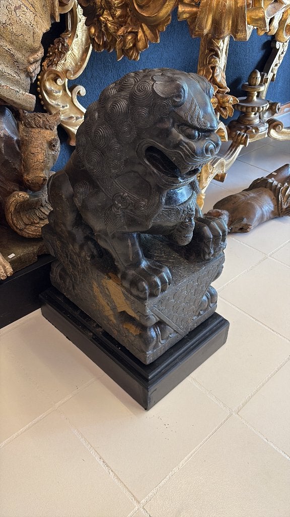 SET TEMPELLEEUWEN FOO DOGS GEHOUWEN STEEN ZELDZAAM 1900, Antiek en Kunst, Ophalen, Overige onderwerpen, 50 - 100 cm, Zwart