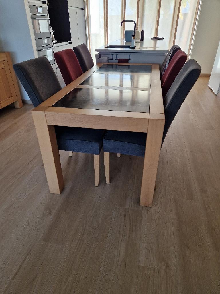 Eettafel en stoelen, Huis en Inrichting, Tafels | Eettafels, Ophalen, Gebruikt, Eikenhout, 200 cm of meer