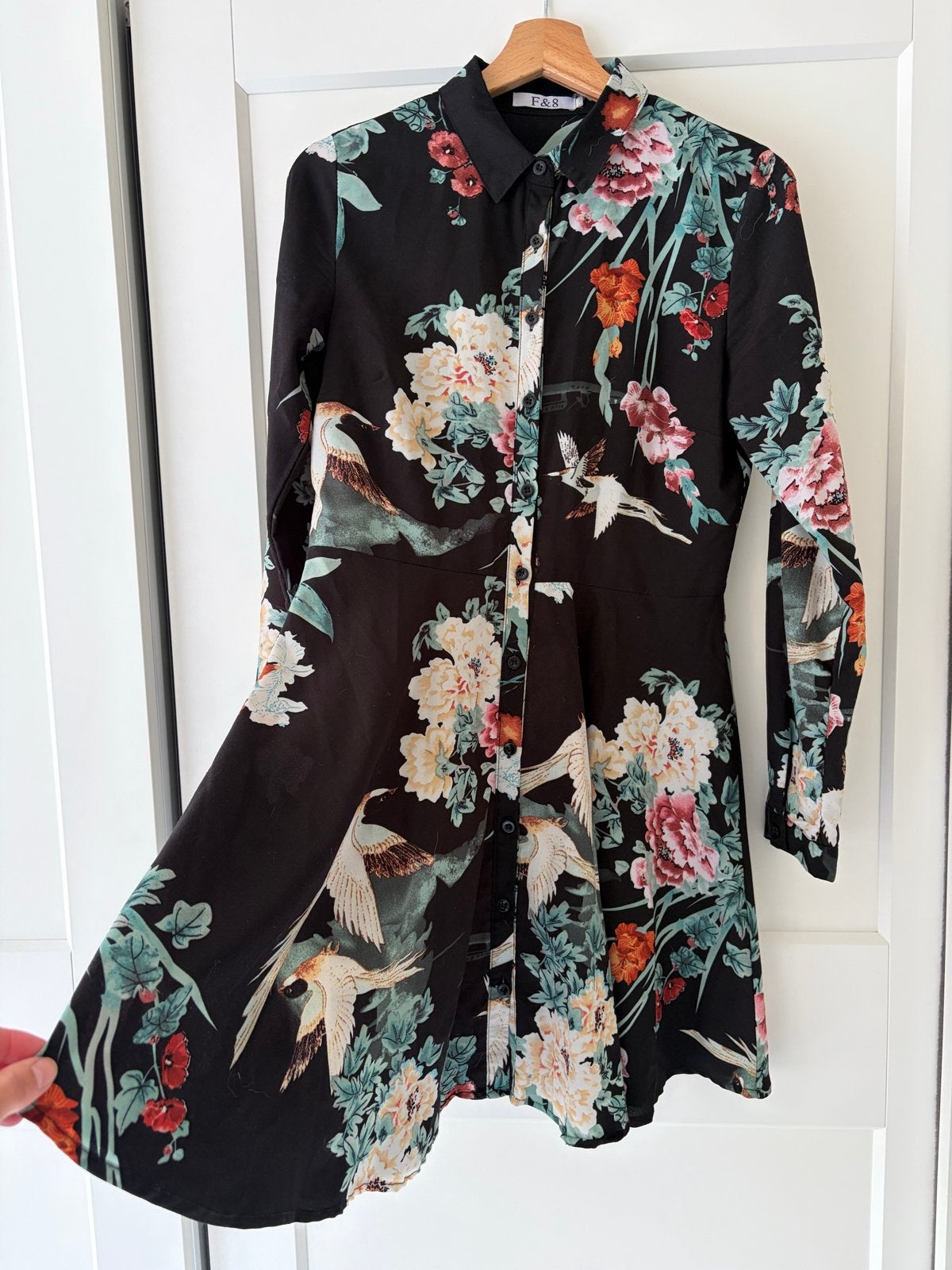 Blouse-jurkje met kraanvogel print - Maat 38, Maat 38/40 (M), Zwart, Ophalen of Verzenden, Zo goed als nieuw