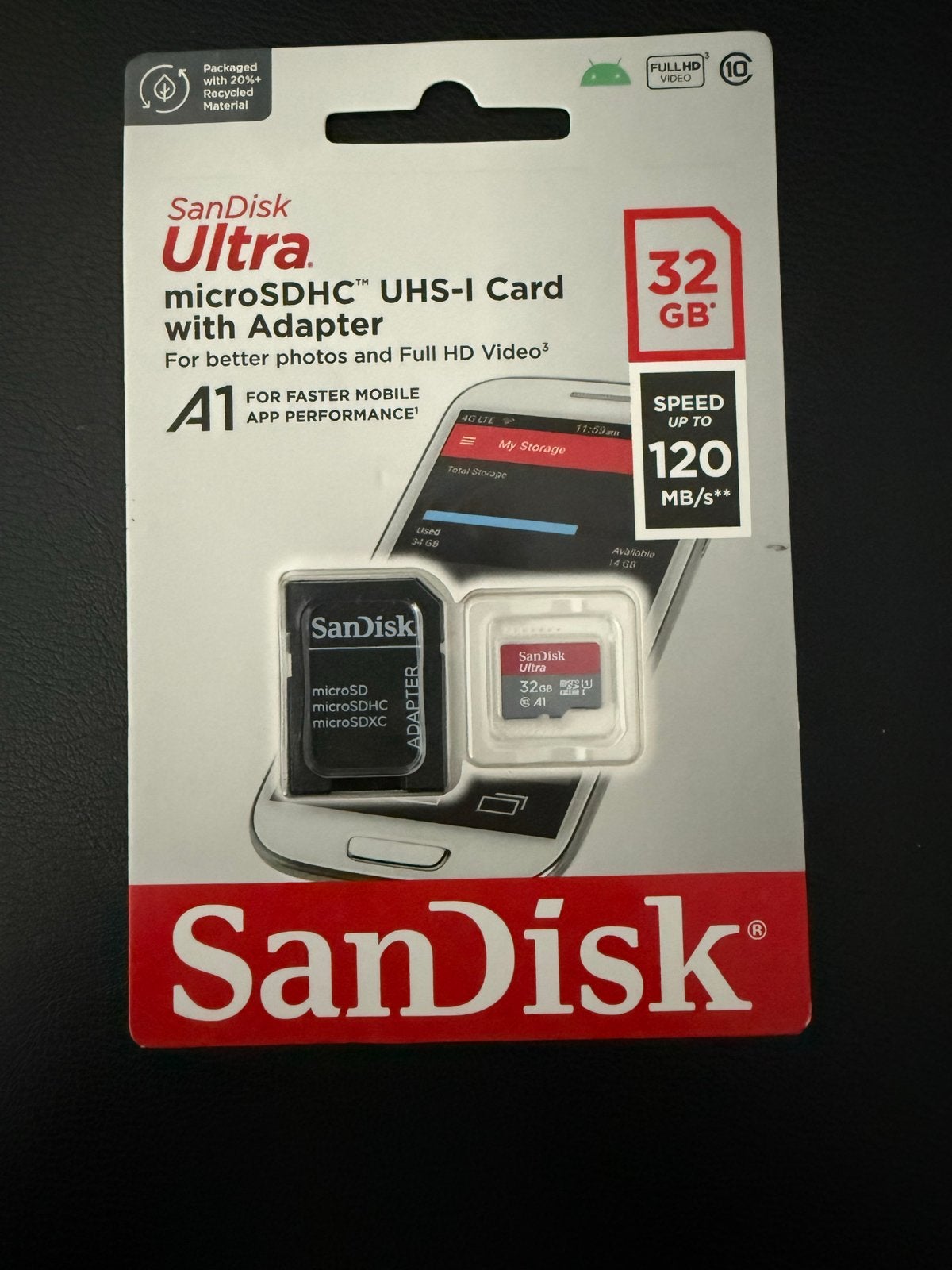 SanDisk Ultra microSDHC UHS-I Card 32GB met Adapter, MicroSDHC, 32 GB, Geschikt voor Full HD video, Nieuw