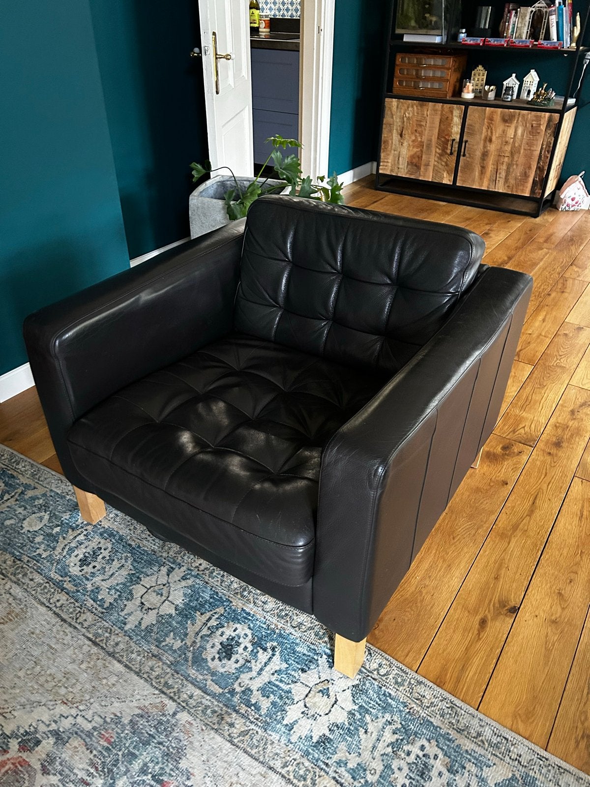 IKEA Landskrona fauteuil - Zwart leer., Ophalen, Gebruikt, Zwart, Leer