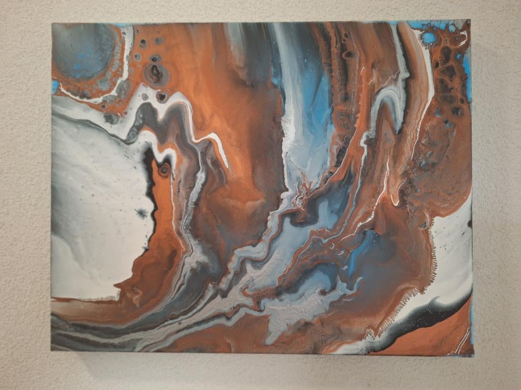Abstract acrylverf schilderij brons, blauw, wit, zilver, Ophalen