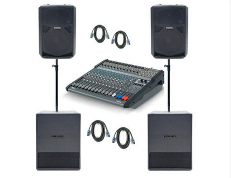 PROEL powered 12 kanaals mixer met 4 speaker units en kabels, Muziek en Instrumenten, Ophalen, Gebruikt, 10 tot 20 kanalen, Microfooningang