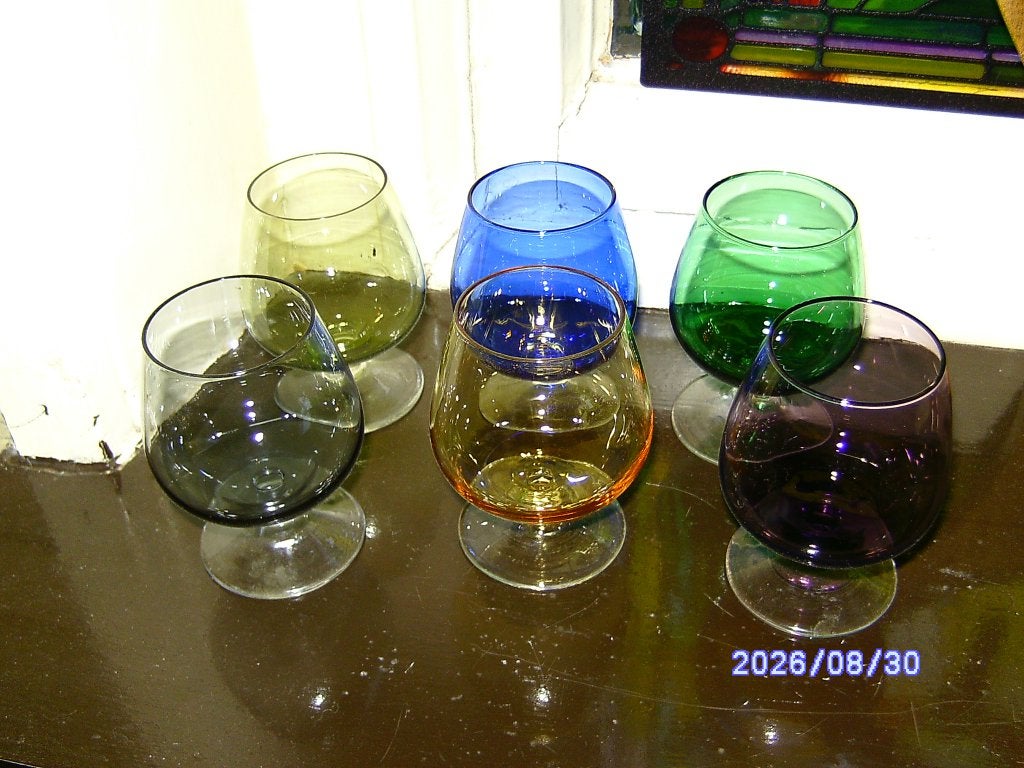 complete set 1 cognac glazen Max Verboeket Carnaval Leerdam, Antiek en Kunst, Ophalen of Verzenden