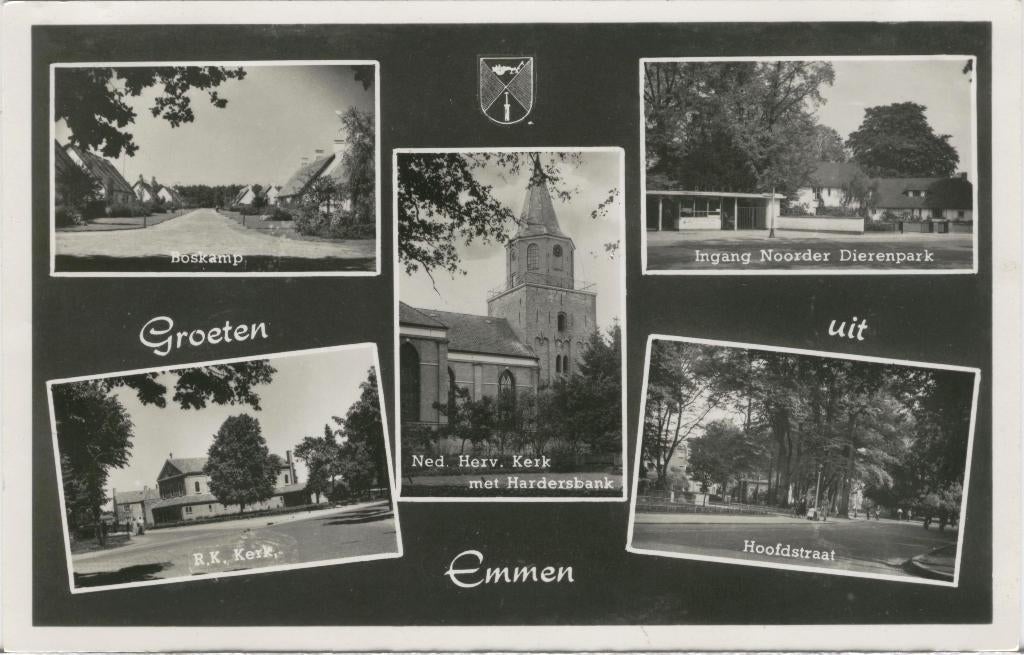 Emmen 5 luik Groeten uit  1954, Verzenden, 1940 tot 1960, Gelopen, Drenthe