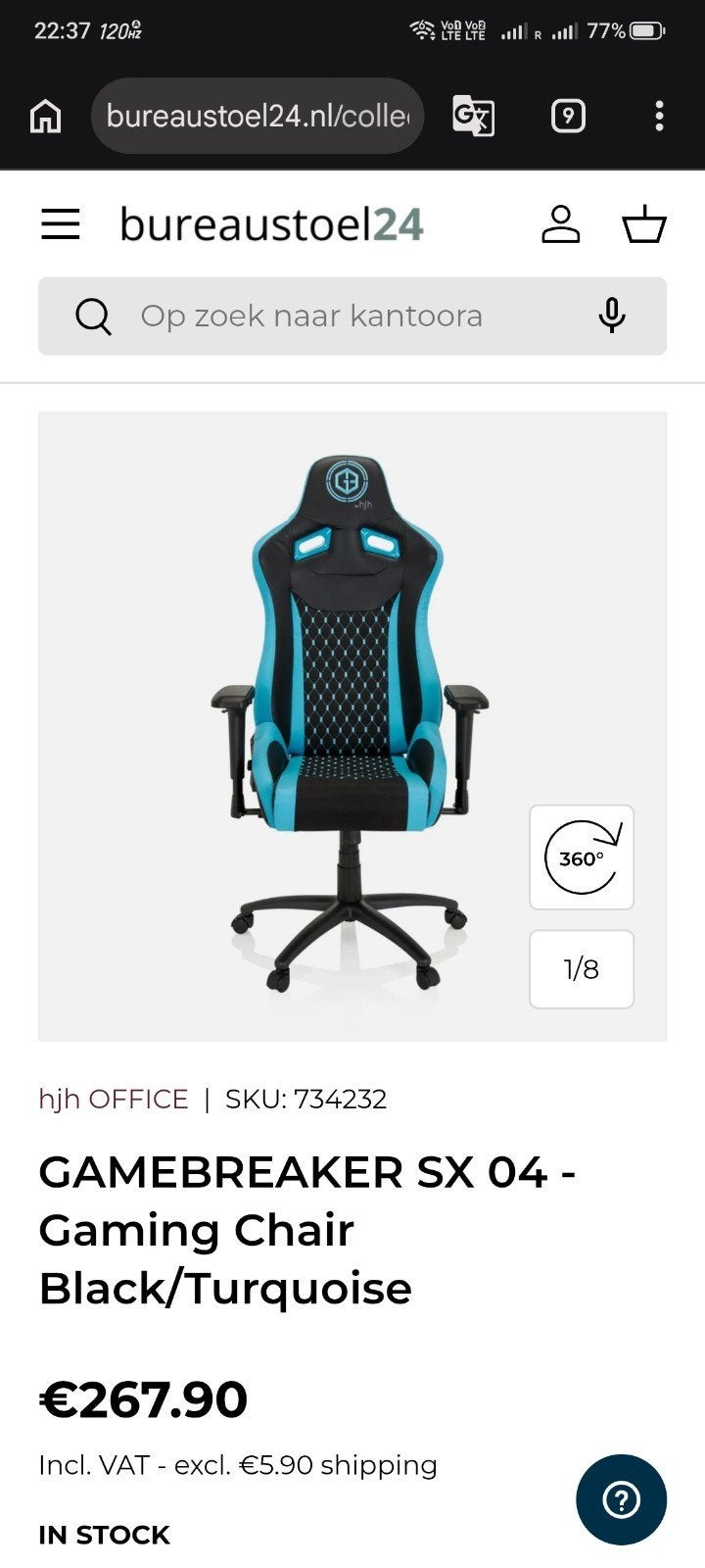 Gamingstoel met orthopedische kussens - Zwart/Turquoise, Ophalen, Gebruikt, Zwart, Ergonomisch