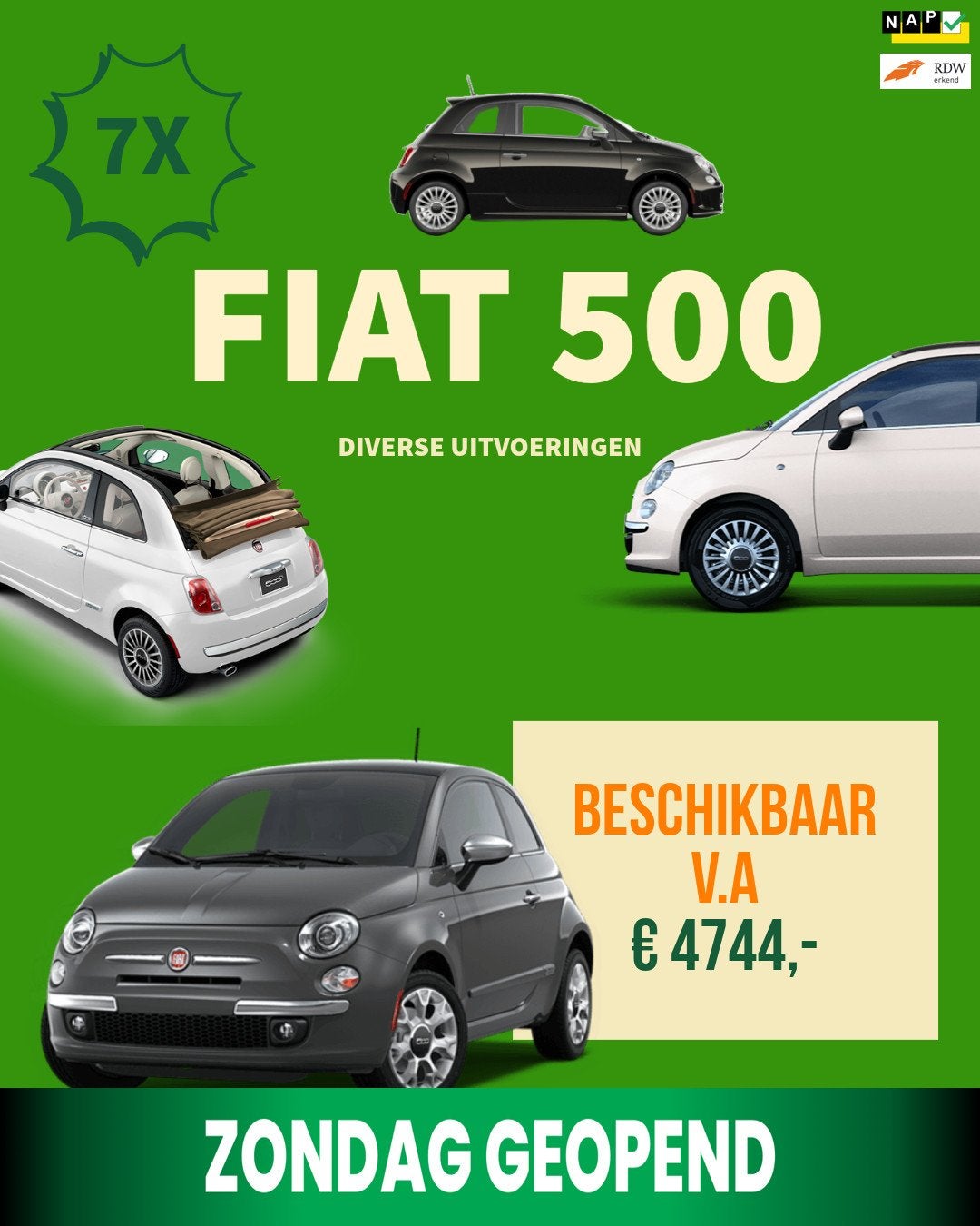 Fiat 500 Meerdere Fiat 500 op voorraad, Auto's, Voorwielaandrijving, Euro 5, Gebruikt, Met garantie (alle)