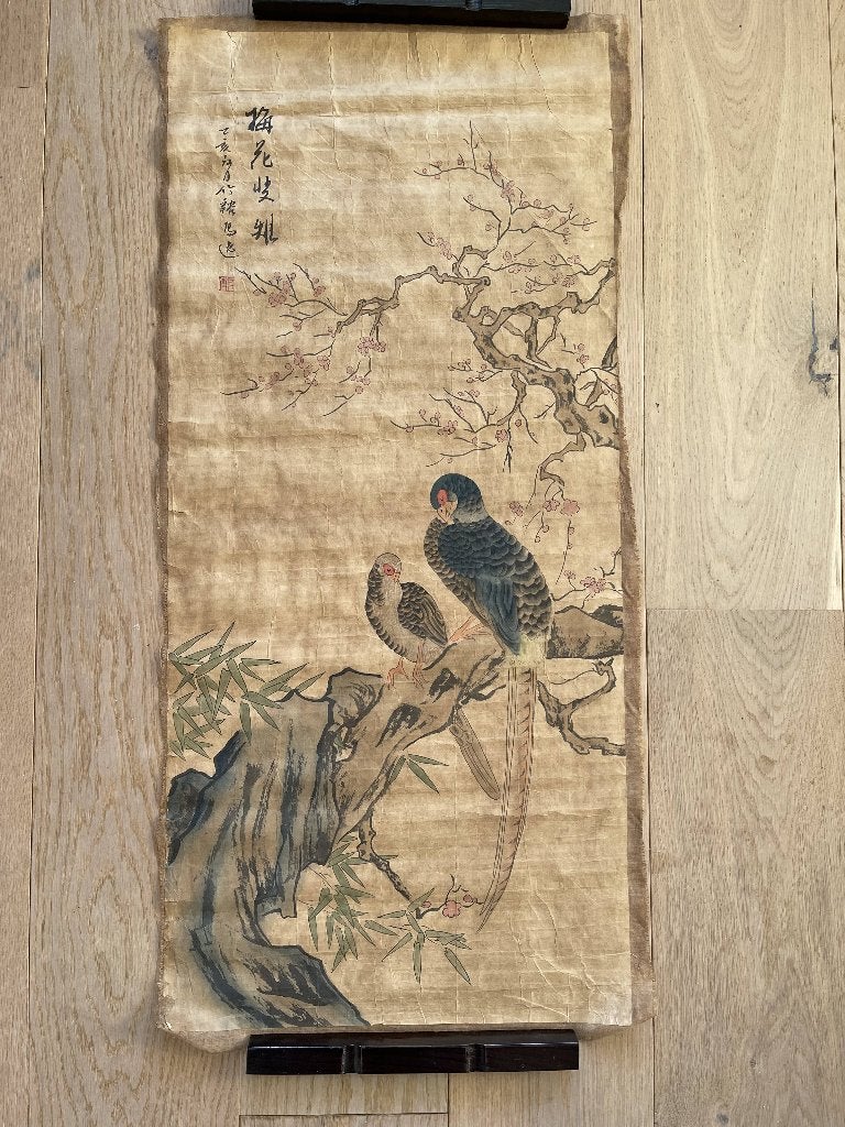 Antieke Japanse hangrol – Fazanten in sakuraboom, Ophalen of Verzenden