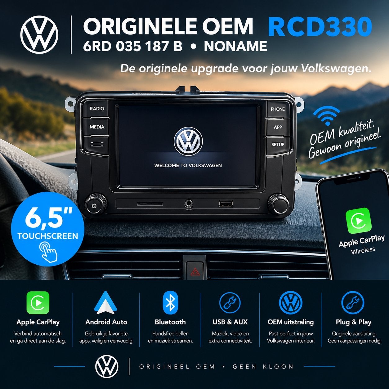 Originele VW RCD330 Noname 6RD035187B CarPlay & Android Auto, Auto diversen, Zo goed als nieuw, 06 18 39 51 60, Carplay Center 070