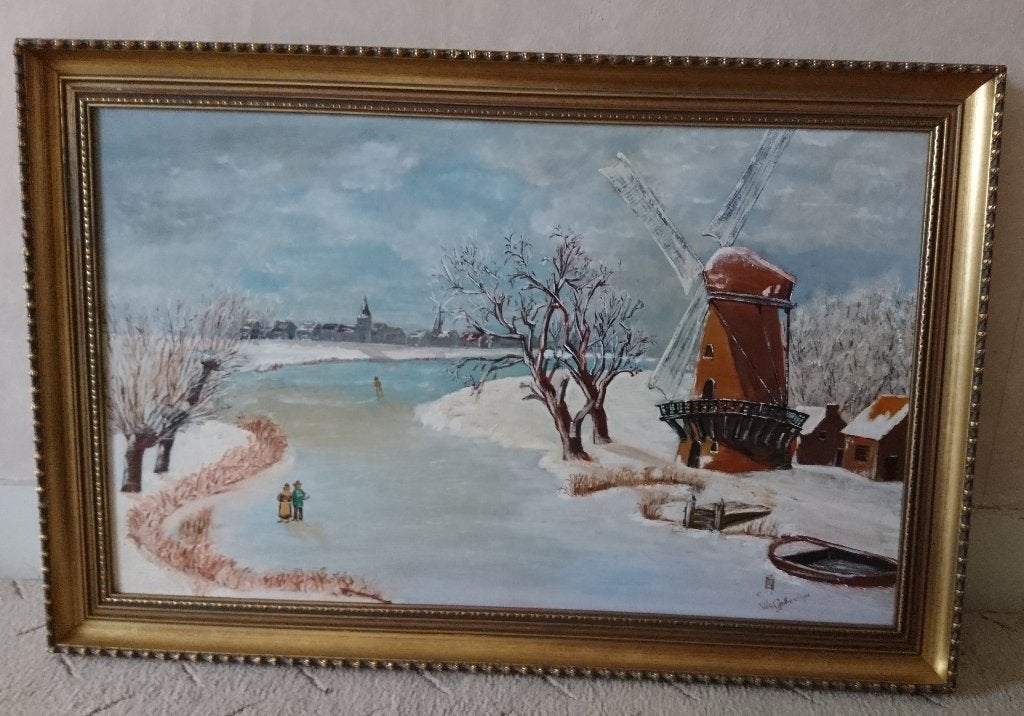 Schilderij winterlandschap 77 x 52 (I), Antiek en Kunst, Ophalen, Landschap