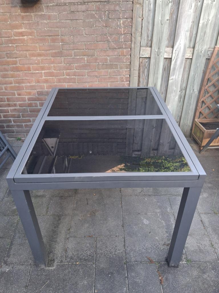 Florabest tuintafel uitschuifbaar met glazen blad, Tuin en Terras, Tuintafels, Ophalen, Gebruikt, Rechthoekig, Aluminium
