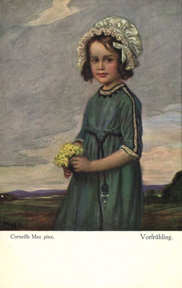Schilderij Corneille Max, Meisje in Blauwe Jurk met Bloemen, Ophalen of Verzenden, Voor 1920, Ongelopen, Kinderen