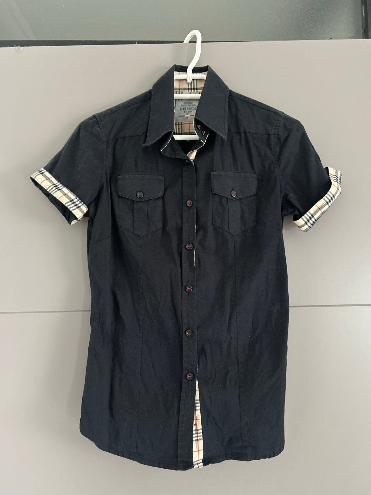 Zwarte blouse in Burberry look, maat S, Ophalen, Gedragen, Maat 36 (S), Zwart