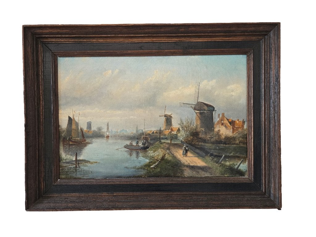 Schilderij Hollands Rivierenlandschap - JJ Spohler?, Antiek en Kunst, Nederlandse school, Landschap, Olieverf, Ophalen