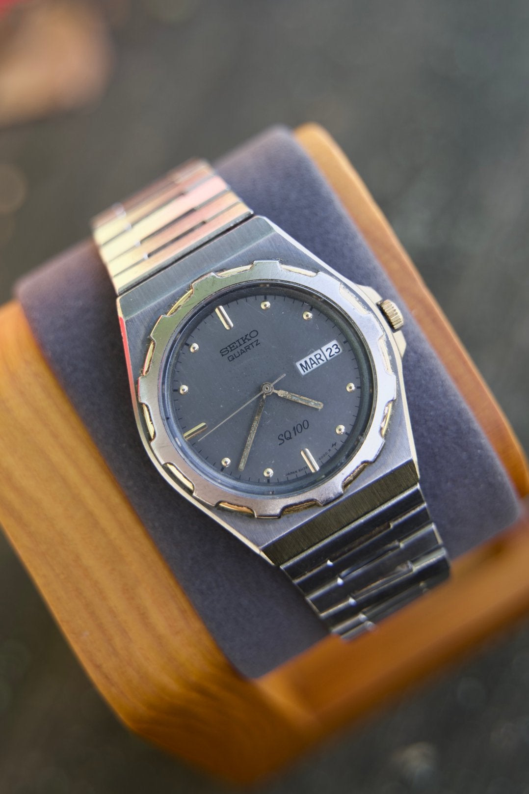 Seiko SQ 100 5H23-6050 – Zwart/Zilver – Vintage – UNIEK, Ophalen of Verzenden, Staal, Seiko, 1960 of later