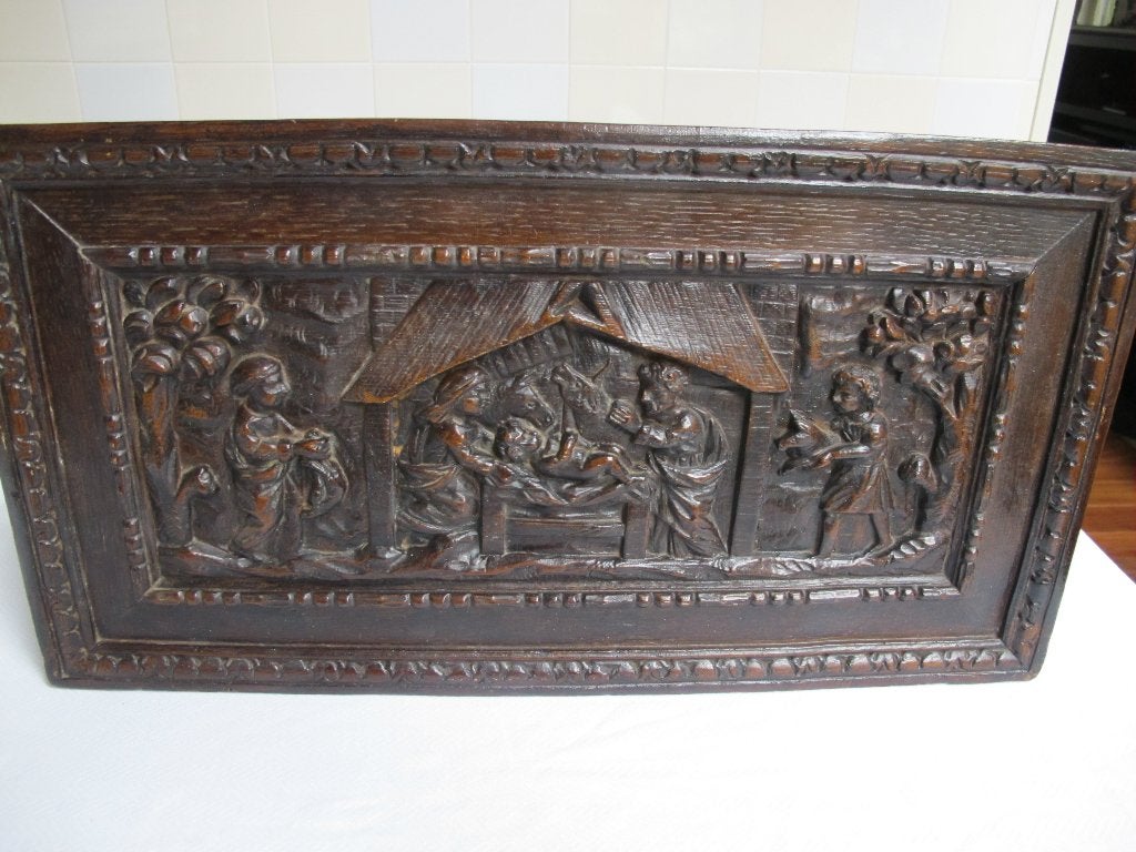 houtsnijwerk replica antiek paneel kerststal, Ophalen of Verzenden