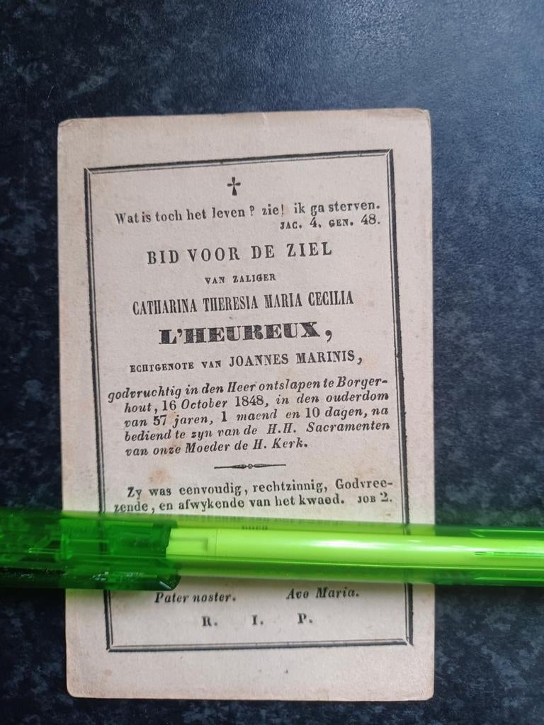 Bidprentje Borgerhout Catharina L'Heureux 1791 1848, Ophalen, Bidprentje