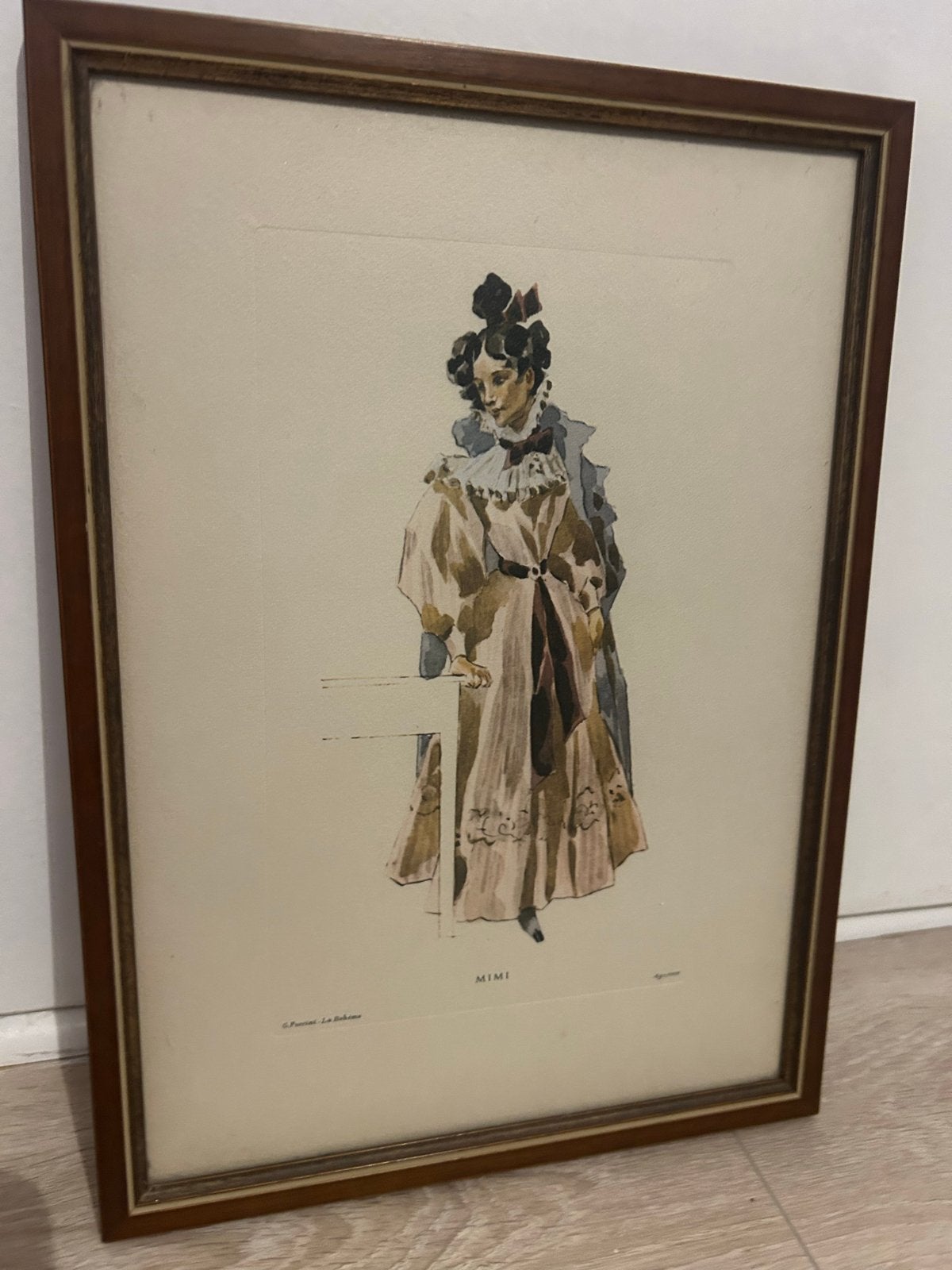 Antieke aquarel 'Mimi' uit La Bohème - G. Puccini, Antiek en Kunst, Kunst | Schilderijen | Klassiek, Achter glas, Portret of Personen