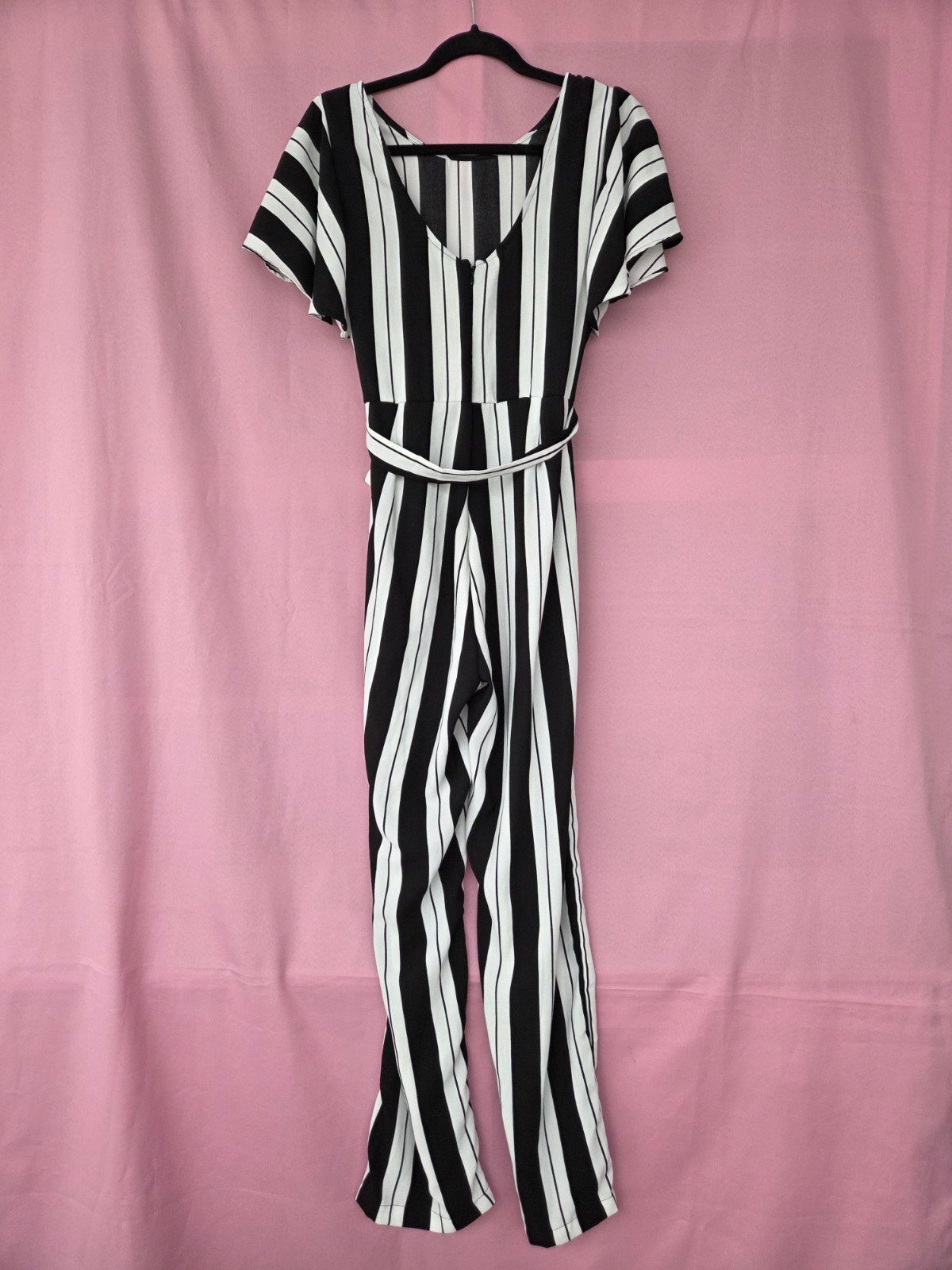 Zwart-wit gestreepte jumpsuit met korte mouwen, Zwart, Ophalen of Verzenden, Zo goed als nieuw, Maat 36 (S)
