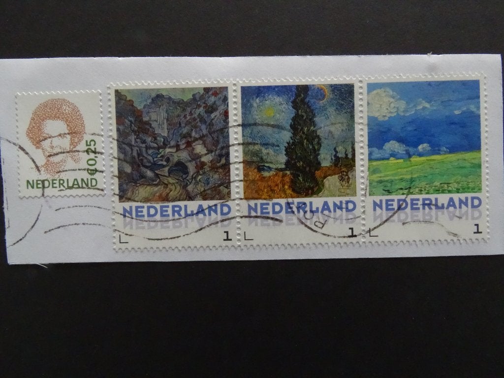 Postzegels NL / Strookje 3x Vincent van Gogh / 1x Beatrix, Postzegels en Munten, Ophalen of Verzenden, Na 1940, Gestempeld