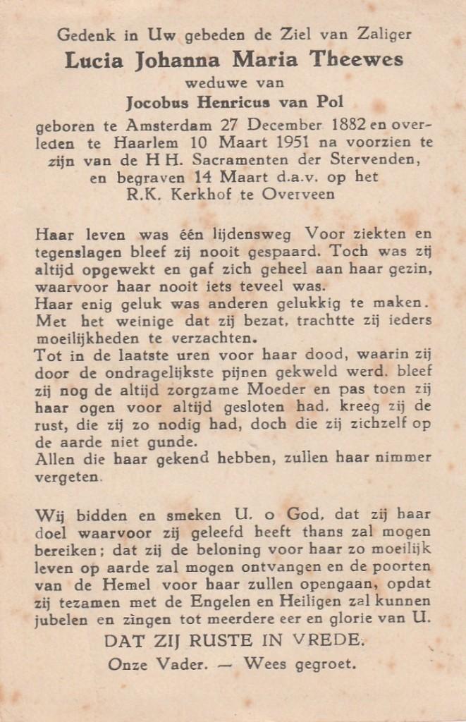 bidprentje theewes-amsterdam-haarlem 1951, Verzamelen, Bidprentjes en Rouwkaarten, Ophalen of Verzenden, Bidprentje
