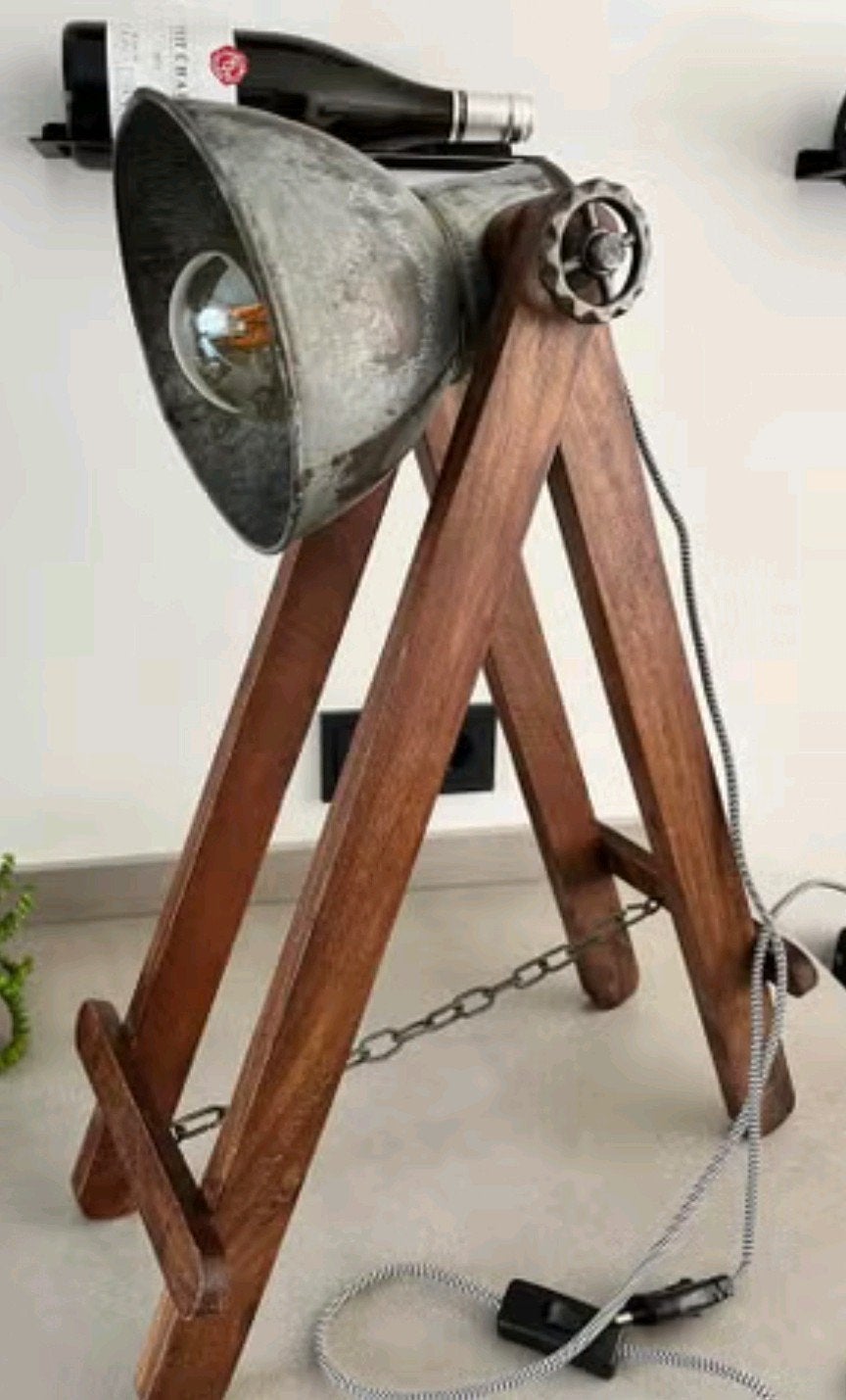 Vintage Industriële Tafellamp Hout Metaal Zink - 58cm, Ophalen of Verzenden
