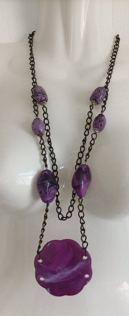 Paarse ketting met stenen en hanger, Sieraden, Tassen en Uiterlijk, Kettingen, Gebruikt, Steen of Mineraal, Paars, Ophalen of Verzenden