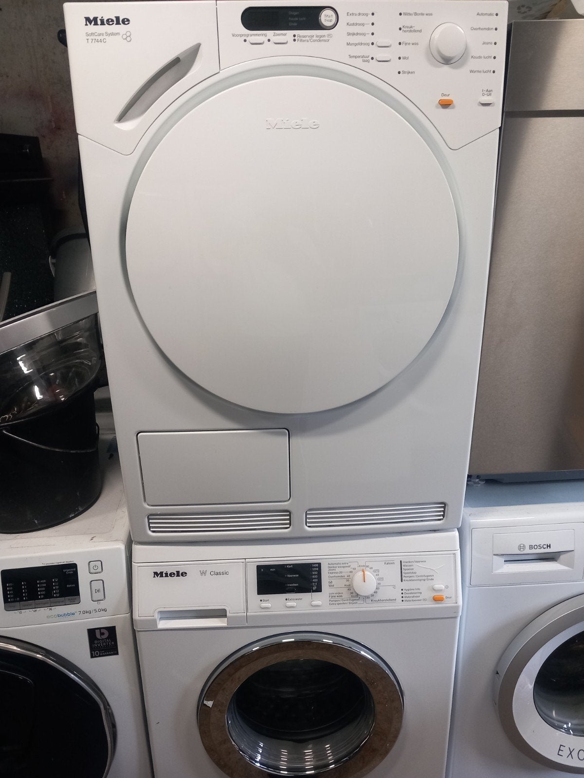 Setje Miele W Classic wasmachine/Miele T7744C Condensdroger, Verzenden, Zo goed als nieuw, 85 tot 90 cm, Energieklasse A of zuiniger