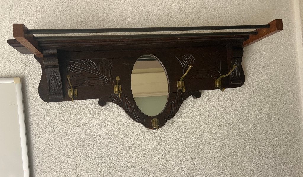 Antieke houten wandkapstok met koperen haken en spiegel, Gebruikt, Minder dan 100 cm, Hout, Ophalen