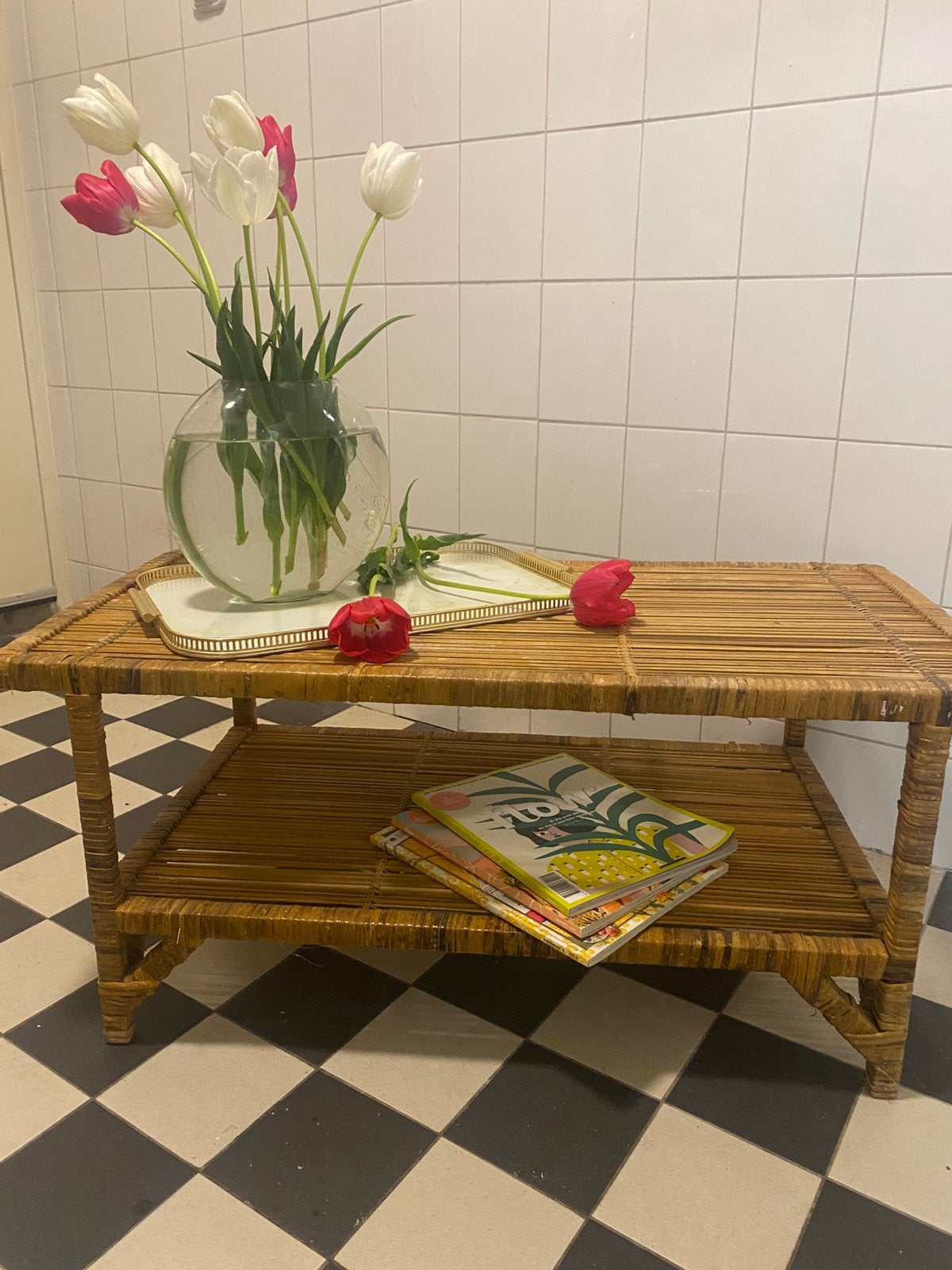 Vintage rieten/ rotan / bamboe salontafel/ bijzettafel, Huis en Inrichting, Tafels | Salontafels, Ophalen, Gebruikt, Rechthoekig