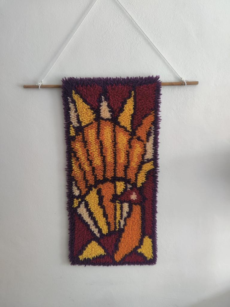 Vintage jaren '70 wandkleed wol pauw, Gebruikt, Ophalen of Verzenden, Handgemaakt, Meerkleurig