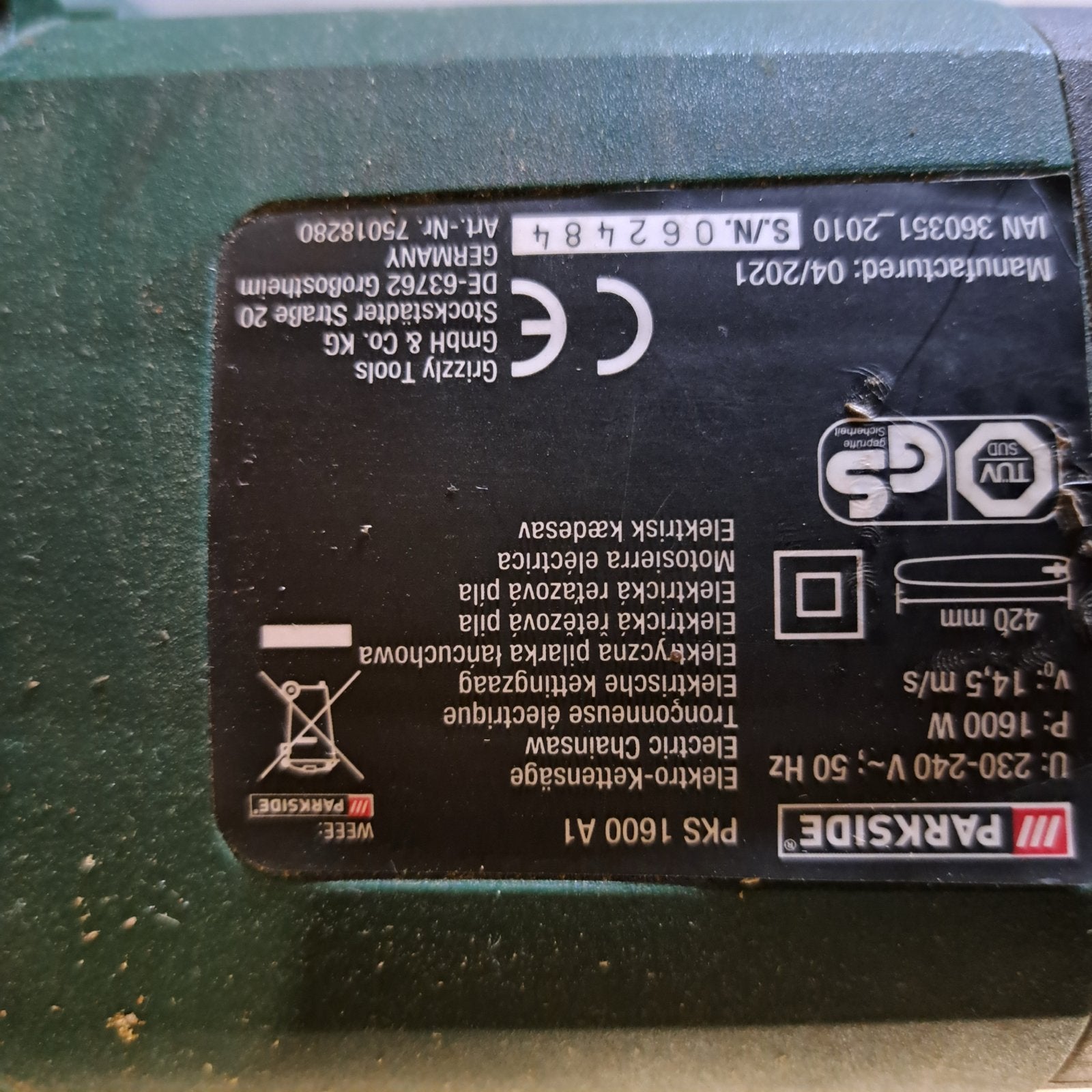 Parkside PKS 1600 A1 Elektrische Kettingzaag, 70 mm of meer, Kettingzaag, Ophalen of Verzenden, Zo goed als nieuw