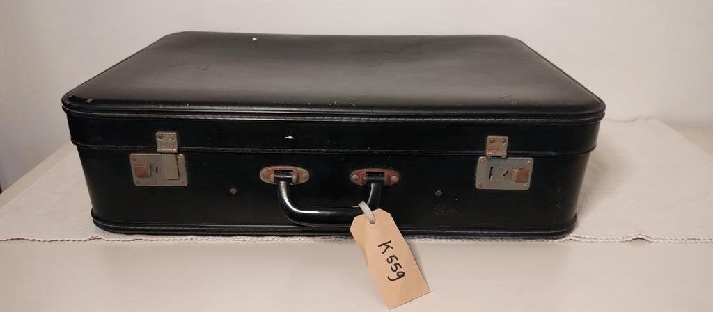 K559 VINTAGE jaren 60 koffer van geperst karton zwart, Sieraden, Tassen en Uiterlijk, 60 tot 70 cm, Overige materialen, Gebruikt