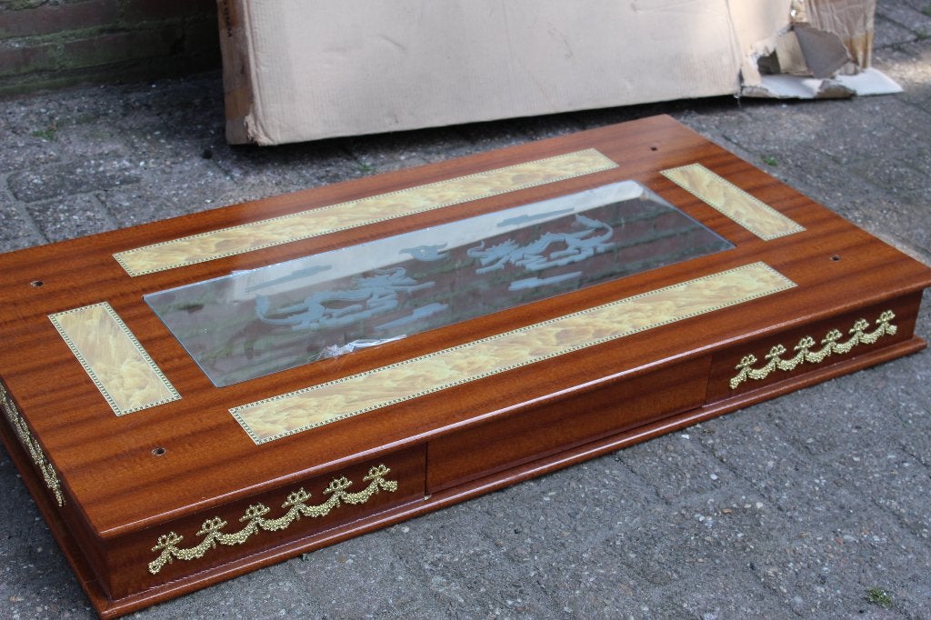Chinees tafelblad met lade, spiegel en draakdecoratie, Ophalen, 100 tot 150 cm, Glas, 50 tot 100 cm