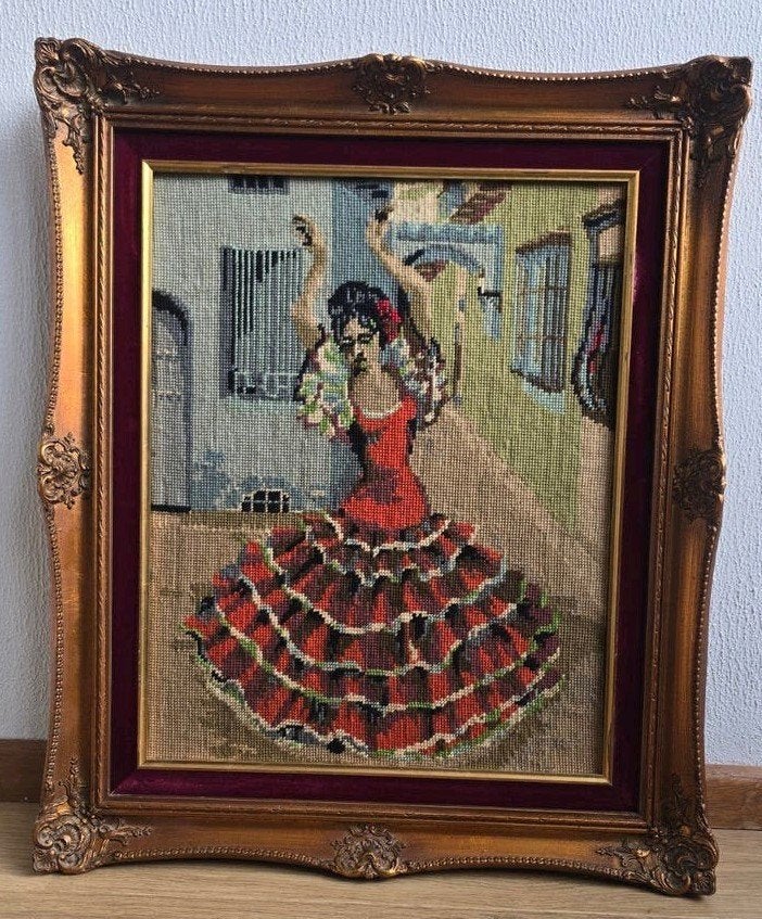 Vintage Jaren '60 Flamenco Borduursel (54x64cm), Antiek en Kunst, Ophalen of Verzenden