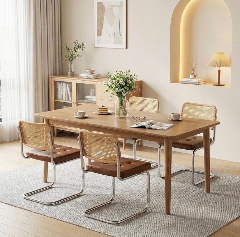 Set van 4 Rotan Eetkamerstoelen met Buisframe en Lederen Zit, Nieuw, Leer, Ophalen of Verzenden, Vier