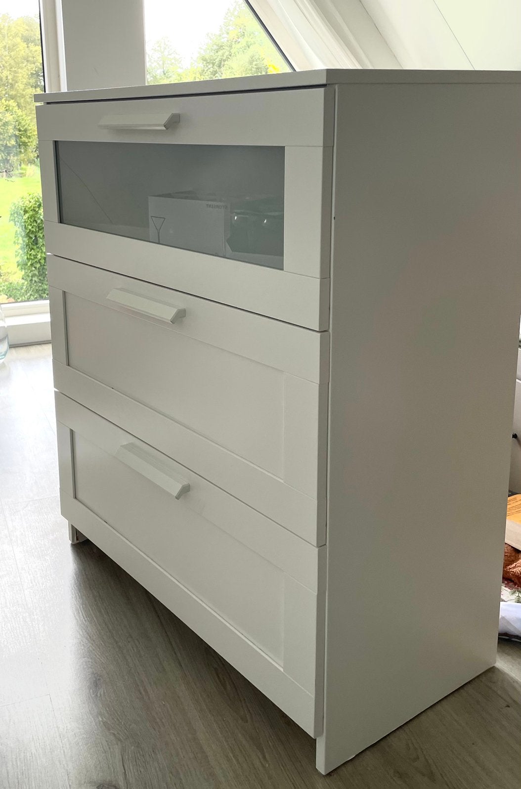 IKEA BRIMNES Ladekast met 3 lades - Wit / Melkglas, Huis en Inrichting, Ophalen, 50 tot 100 cm, 3 of 4 laden, Minder dan 100 cm