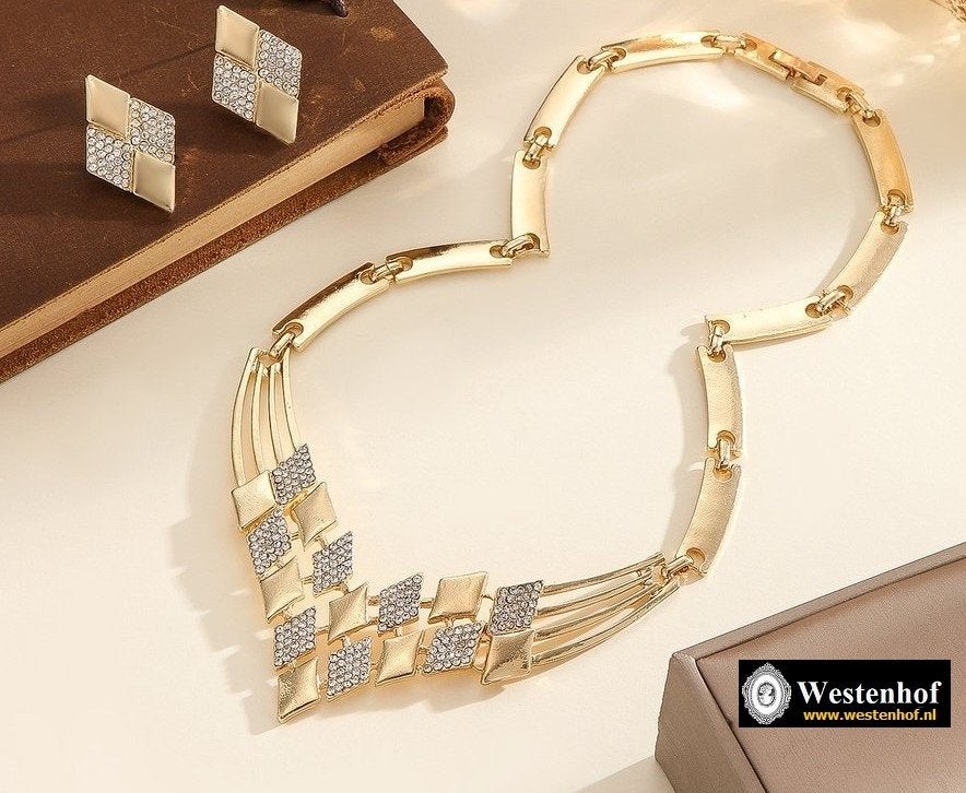 Luxe sieraden set custom juwelen goud ketting met oorbellen, Met kristal, Overige materialen, Verzenden, Nieuw