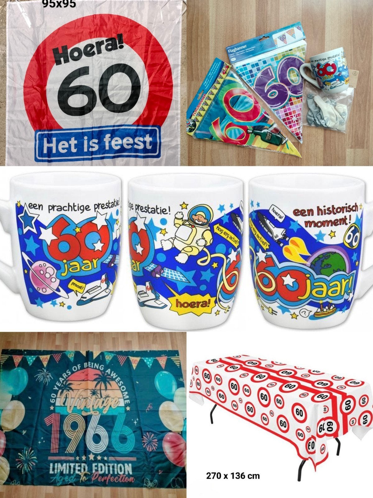 Feestset 60 Jaar! -Spandoek, Tafelkleed, Mok, & meer..., Ophalen, Zo goed als nieuw, Versiering, Verjaardag