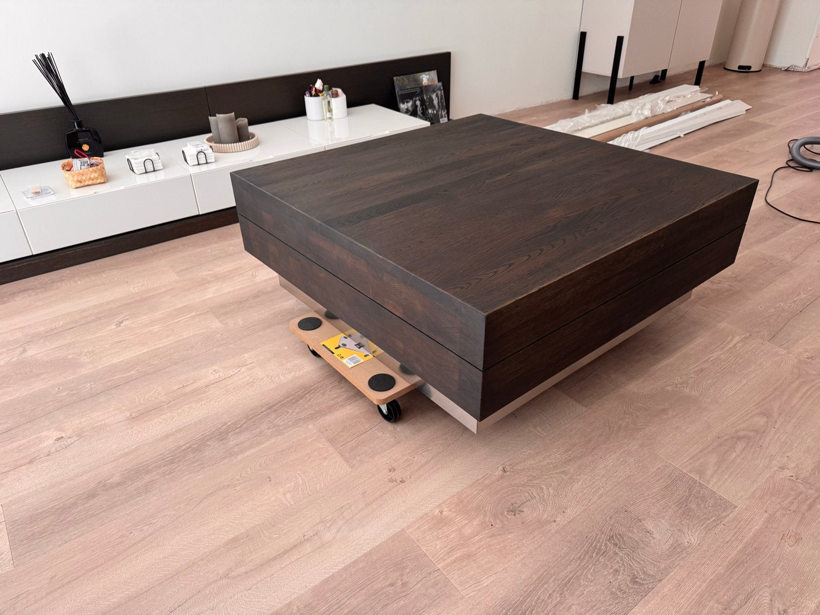 Moderne Salontafel Donker Hout met Metalen Onderstel, Ophalen, Eikenhout, 50 tot 100 cm, Vierkant